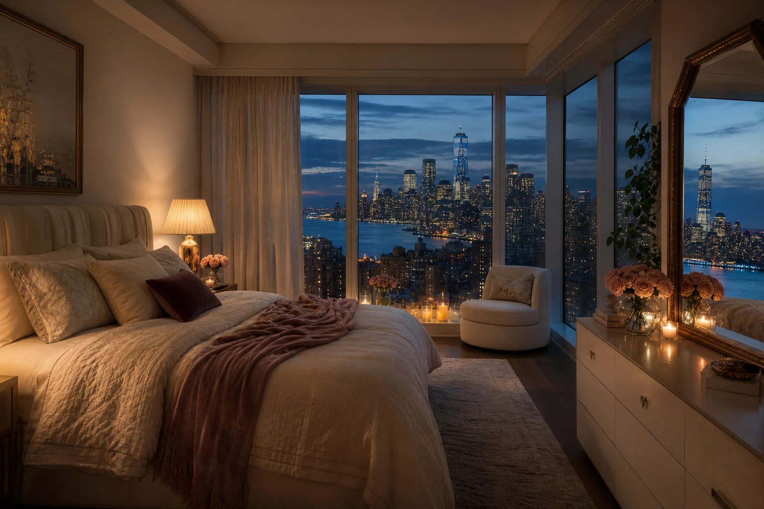 AI inspiration concept — a cozy high-floor city-view bedroom at blue hour (not a real room photo)