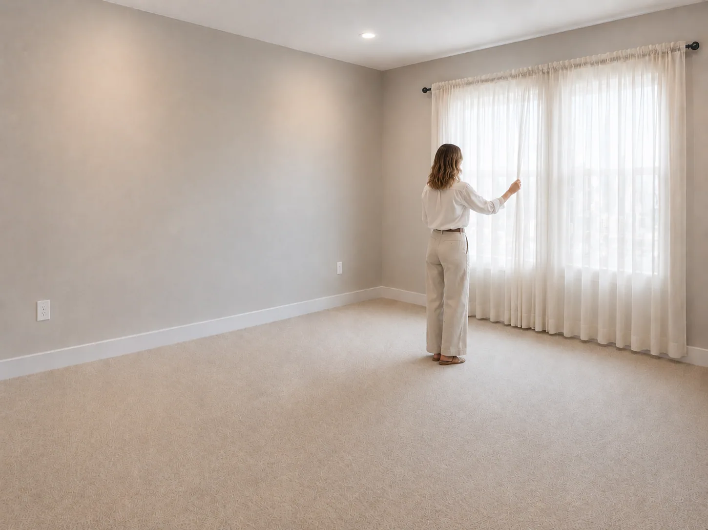 Stylist hanging cream sheer curtain panels on a black rod across a high-floor window in an otherwise empty bedroom