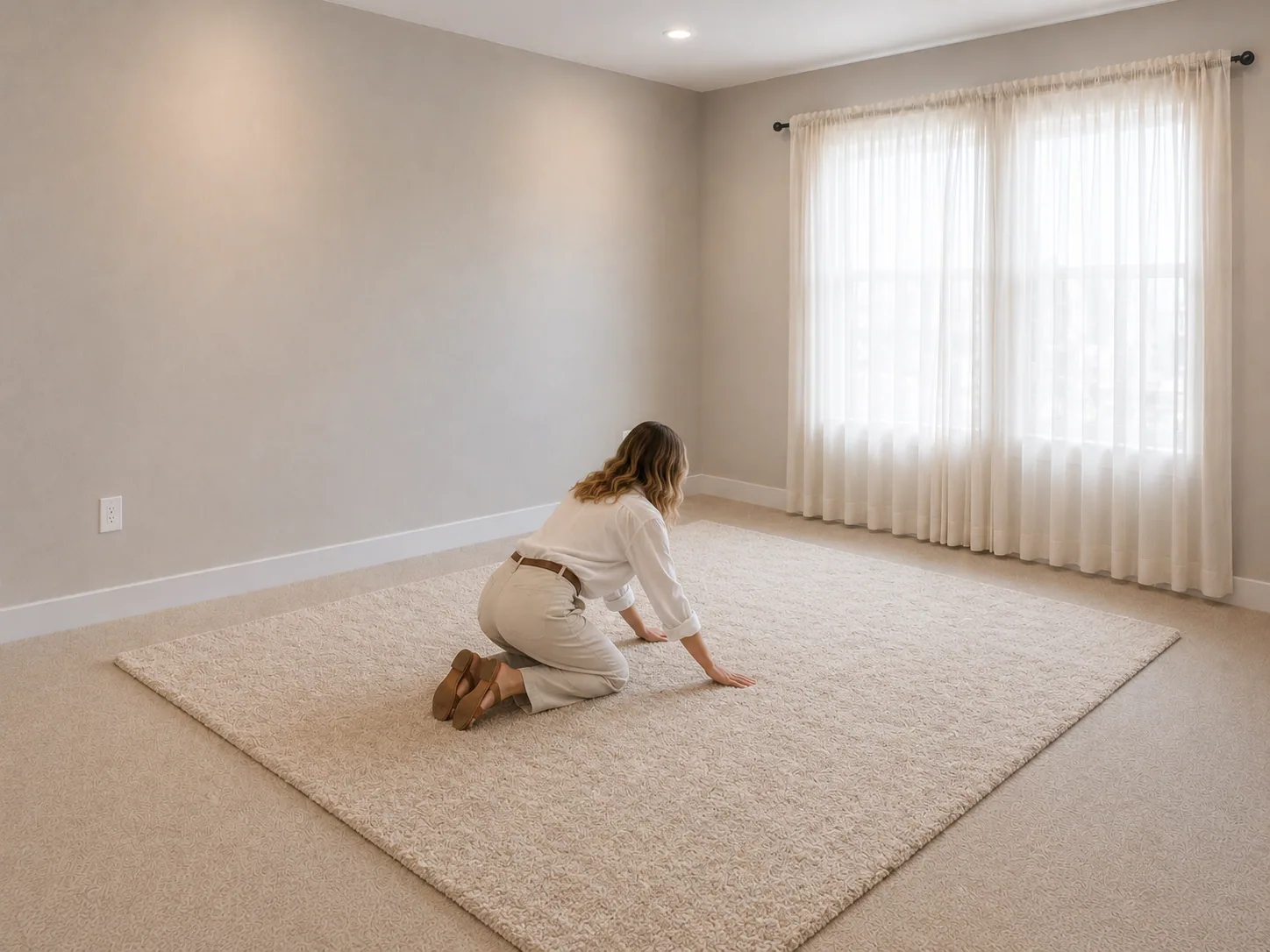 Stylist rolling out an 8 by 10 foot natural jute area rug across the floor of the bare bedroom under the curtained window
