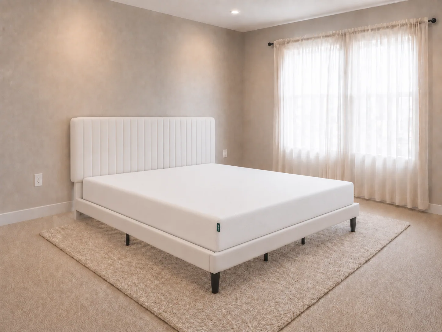 Bare white King memory-foam mattress resting on the cream velvet channel-tufted platform bed