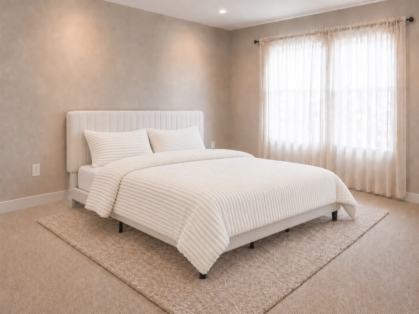 King bed made up with a fluffy cream fleece comforter and matching cream pillow shams