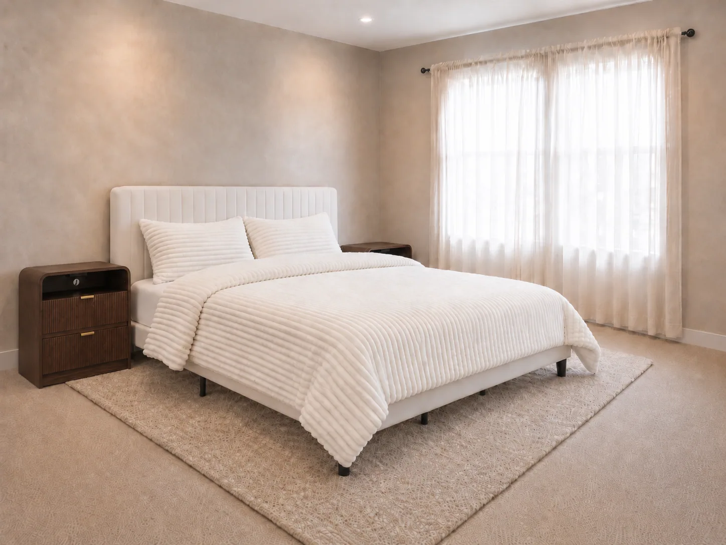 Fluted walnut two-drawer nightstand placed beside the made-up cream King bed