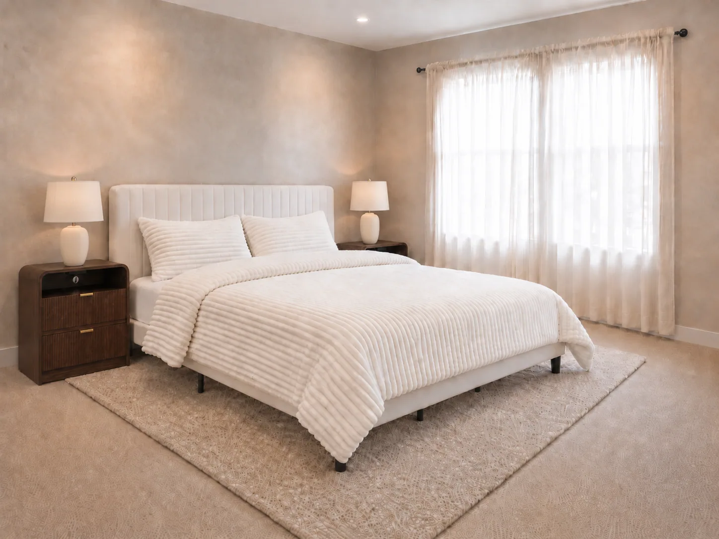 Lit white ceramic jar table lamp with an off-white drum shade casting a warm amber glow on the walnut nightstand