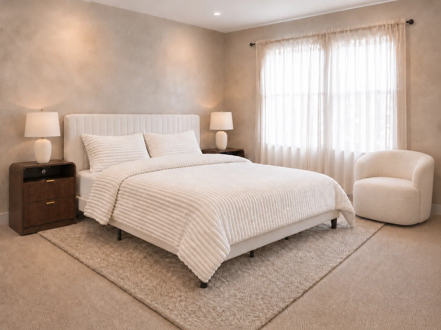 Cream boucle swivel barrel accent chair in the bedroom corner beside the curtained window