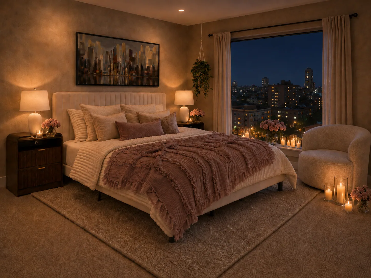 The cozy high-floor bedroom at dusk: cream channel-tufted King, walnut nightstand with a lit ceramic lamp, dusty mauve throw at the foot, framed NYC skyline above the bed, candle cluster on the side console